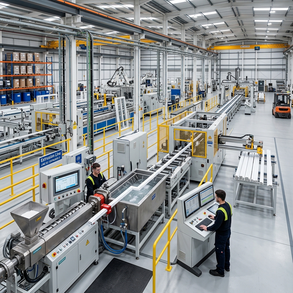 Modern automated uPVC profile manufacturing factory floor